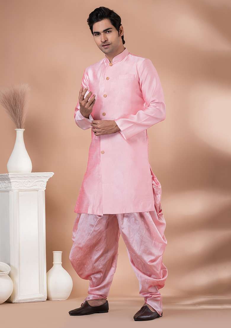 Pink Printed Banarasi Silk Blend Indowestern Sherwani Set For Men - Indya