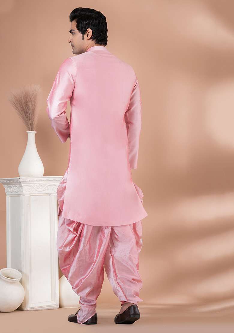 Pink Printed Banarasi Silk Blend Indowestern Sherwani Set For Men - Indya