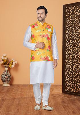 Mustard Yellow Solid Banarasi Silk Kurta Set For Men