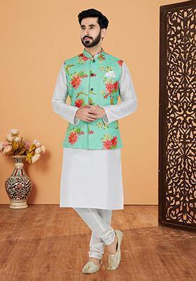 Mint Green Solid Banarasi Silk Kurta Set For Men