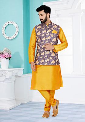 Purple Solid Banarasi Silk Kurta Set For Men