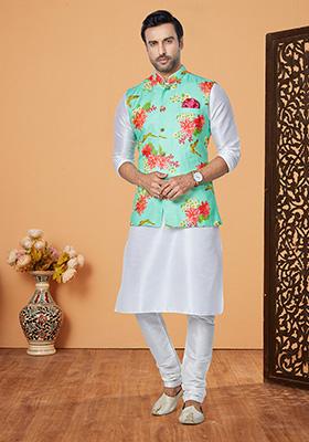 Mint Green Solid Banarasi Silk Kurta Set For Men