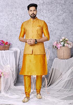 Mustard Yellow Solid Banarasi Silk Kurta Set For Men