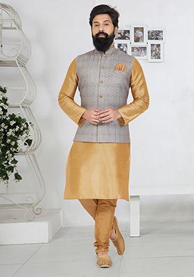 Grey Solid Banarasi Silk Kurta Set For Men