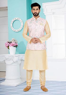 Light Pink Solid Banarasi Silk Kurta Set For Men