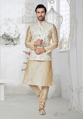 White Solid Banarasi Silk Kurta Set For Men