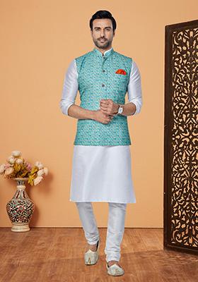 Blue Solid Banarasi Silk Kurta Set For Men
