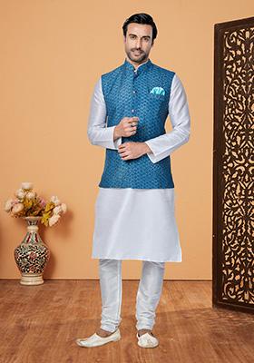 Blue Solid Banarasi Silk Kurta Set For Men