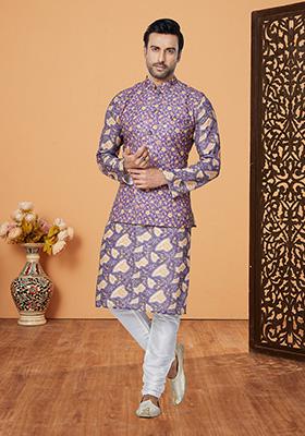 Purple Solid Polyester Kurta Set For Men