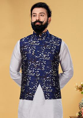Navy Blue Embroidered Jacquard Nehru Jacket For Men