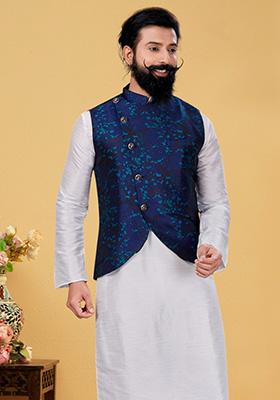 Navy Blue Embroidered Jacquard Nehru Jacket For Men