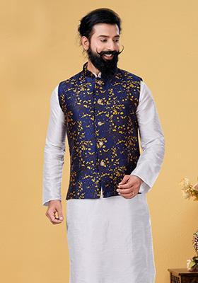 Navy Blue Embroidered Jacquard Nehru Jacket For Men