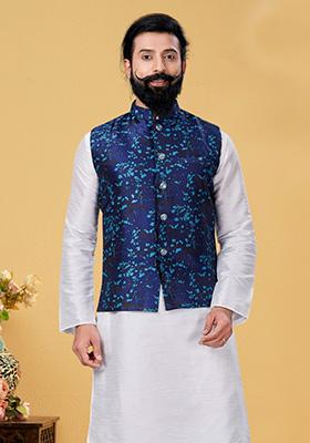 Navy Blue Embroidered Jacquard Nehru Jacket For Men