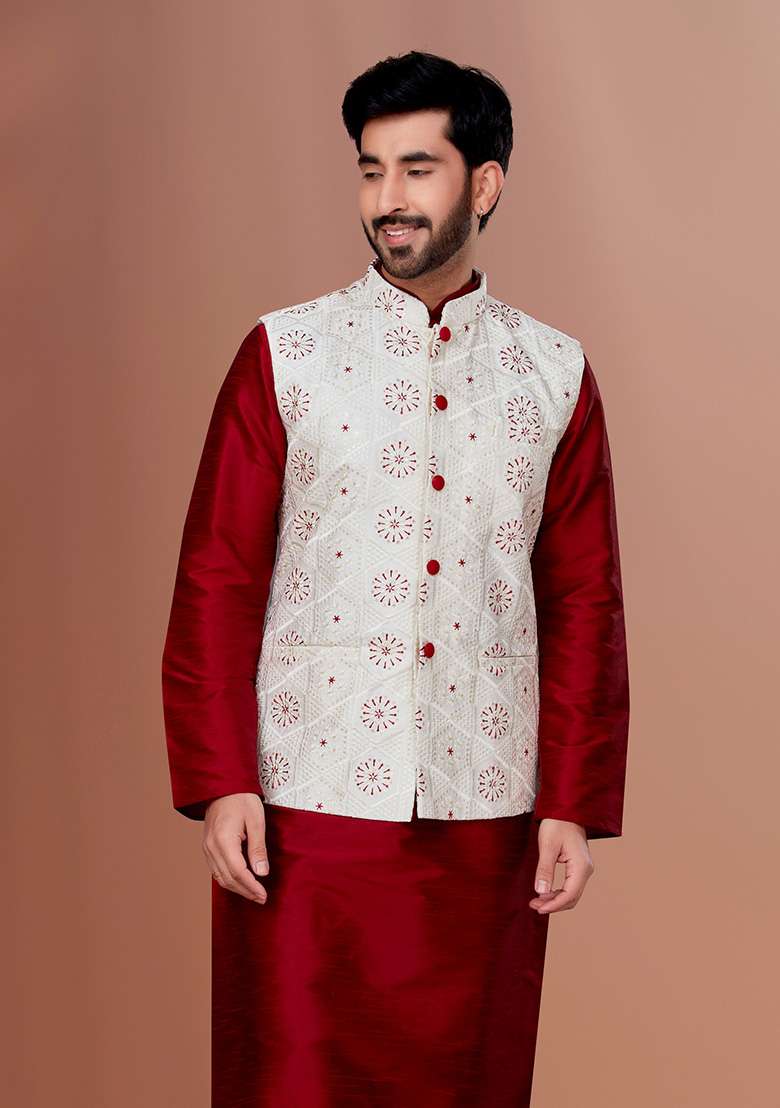 White Embroidered Poly Blend Nehru Jacket For Men - Indya