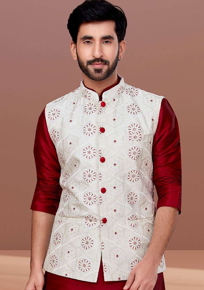 White Embroidered Poly Blend Nehru Jacket For Men - Indya