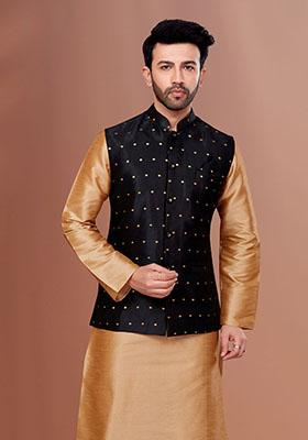 Black Embroidered Mulberry Silk Nehru Jacket For Men