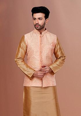 Peach Embroidered Jacquard Nehru Jacket For Men