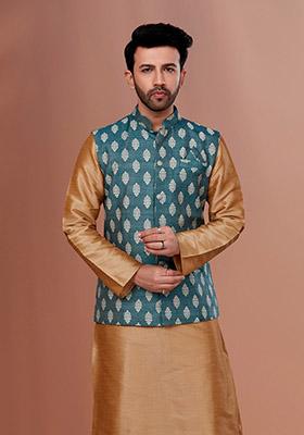Green Embroidered Jacquard Nehru Jacket For Men