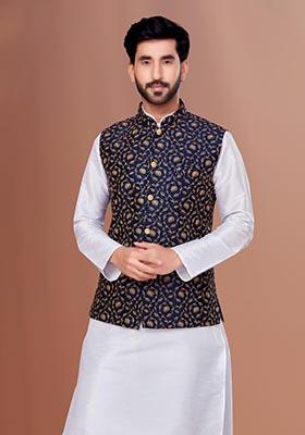 Navy Blue Embroidered Silk Nehru Jacket For Men