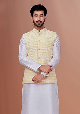 Yellow Embroidered Poly Blend Nehru Jacket For Men