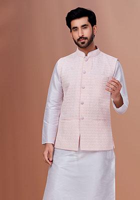 Pink Embroidered Poly Blend Nehru Jacket For Men