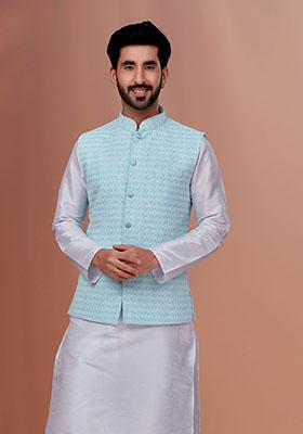 Sky Blue Embroidered Poly Blend Nehru Jacket For Men