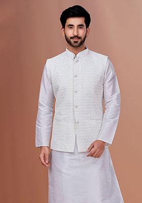 White Embroidered Poly Blend Nehru Jacket For Men