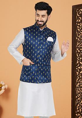 Navy Blue Embroidered Banarasi Silk Nehru Jacket For Men