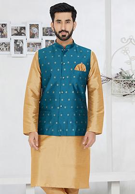 Blue Embroidered Banarasi Silk Nehru Jacket For Men