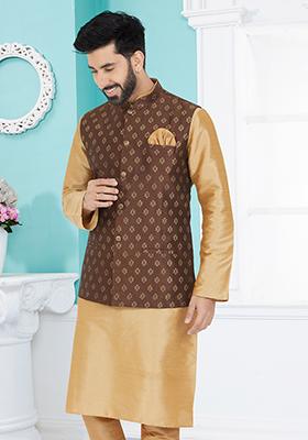 Brown Embroidered Banarasi Silk Nehru Jacket For Men