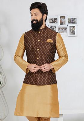 Brown Embroidered Banarasi Silk Nehru Jacket For Men