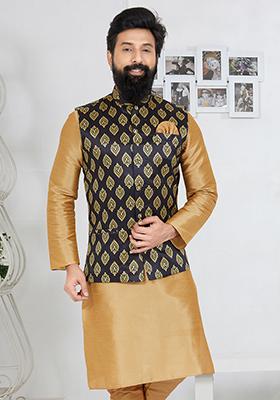 Black Embroidered Banarasi Silk Nehru Jacket For Men