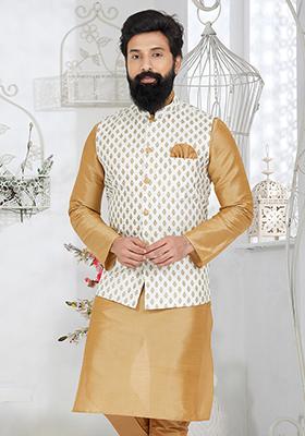 White Embroidered Banarasi Silk Nehru Jacket For Men
