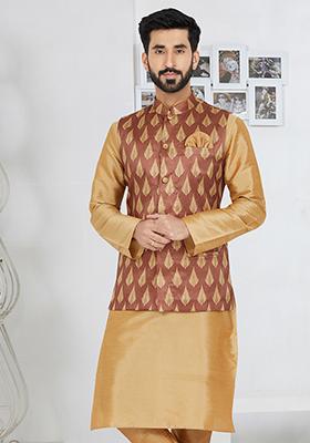 Light Brown Embroidered Banarasi Silk Nehru Jacket For Men