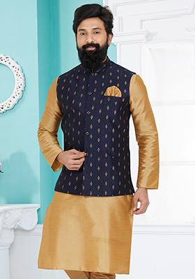 Navy Blue Embroidered Banarasi Silk Nehru Jacket For Men