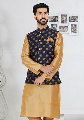 Navy Blue Embroidered Banarasi Silk Nehru Jacket For Men