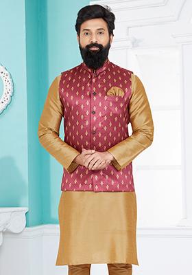 Pink Embroidered Banarasi Silk Nehru Jacket For Men
