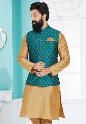 Rama Blue Embroidered Banarasi Silk Nehru Jacket For Men