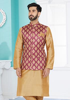 Pink Embroidered Banarasi Silk Nehru Jacket For Men