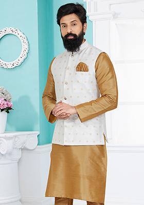 White Embroidered Banarasi Silk Nehru Jacket For Men