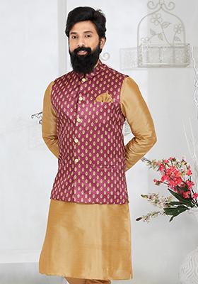 Pink Embroidered Banarasi Silk Nehru Jacket For Men