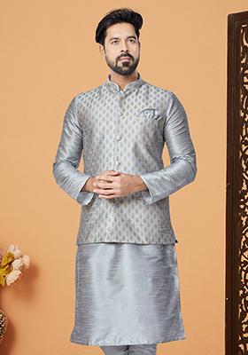 Grey Embroidered Banarasi Silk Nehru Jacket For Men