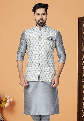 White Embroidered Banarasi Silk Nehru Jacket For Men