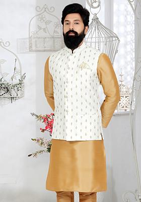 White Embroidered Banarasi Silk Nehru Jacket For Men