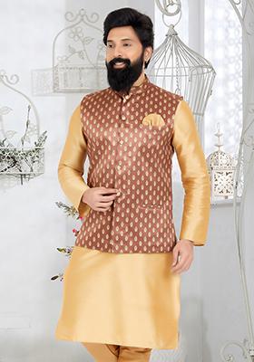 Light Brown Embroidered Banarasi Silk Nehru Jacket For Men