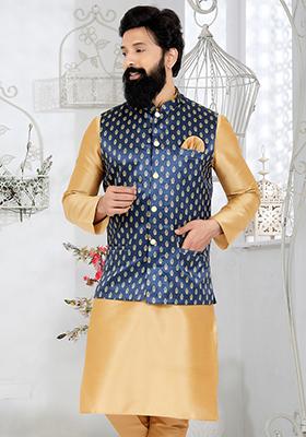 Navy Blue Embroidered Banarasi Silk Nehru Jacket For Men