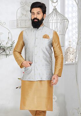 Grey Embroidered Banarasi Silk Nehru Jacket For Men