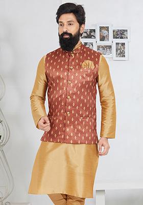 Light Brown Embroidered Banarasi Silk Nehru Jacket For Men
