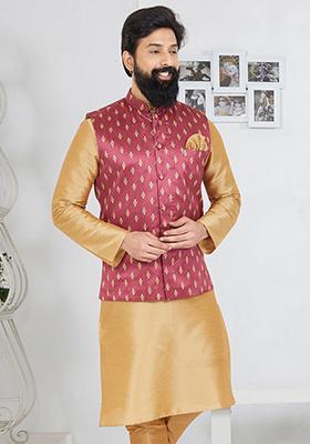 Pink Embroidered Banarasi Silk Nehru Jacket For Men