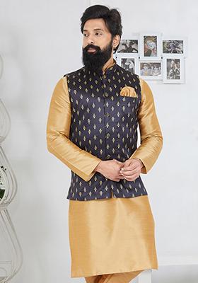 Navy Blue Embroidered Banarasi Silk Nehru Jacket For Men